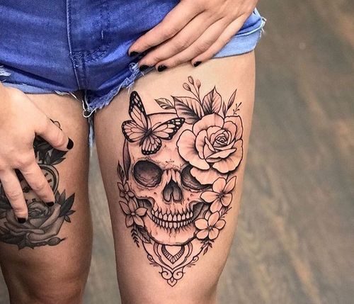 Tattoo tagged with flower skeleton woman leg man skull rose   inkedappcom