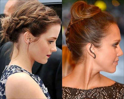 Emma Watson and Jessica Alba Bun hairstyle with braids