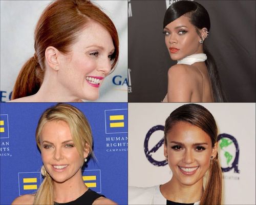 Julianne Moore, Rihanna, Charlize Theron and Jessica Alba Deep side parted ponytail-07