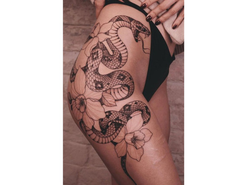 Peonies And Snake On A Thigh by picsola  Tattoogridnet