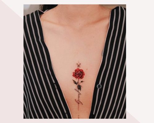 Single needle rose tattoo on the left breast