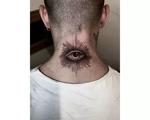 Black Ink Eye Tattoo On Girl Back Neck