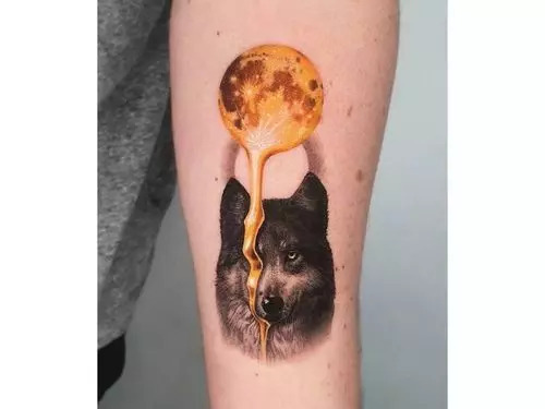 Wolf Tattoo With Golden Moon