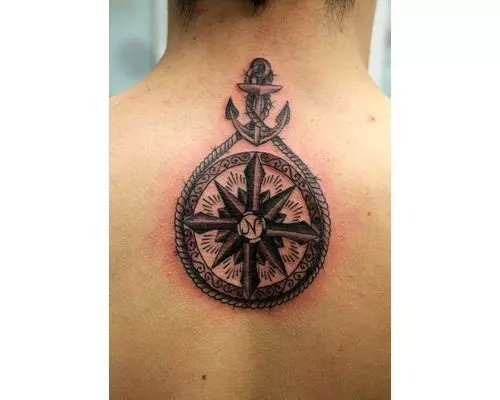 Classic-Black-Ink-Anchor-With-Compass-Tattoo-On-Man-Upper-Back