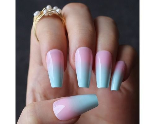 long-pink-blue-ombre-coffin-French-shiny-fake-nails-summer-lovely-salon-glossy-Ballet-nails-false