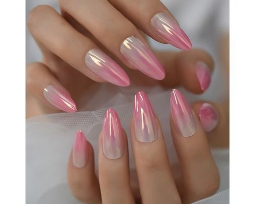 High-Shine-Ombre-Nails-French-Medium-Length-Artificial-Nails-Fake-Acrylic-Chrome-Press-On-Finger-Natural