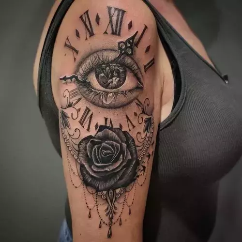 tattoo-ideas-for-women-eye-clock-rose-black-ink