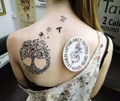 Black-Celtic-Tree-Of-Life-With-Flying-Birds-Tattoo-On-Girl-Left-Back-Shoulder