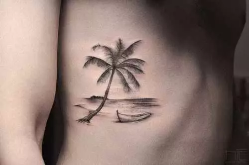 Palm tree tattoo in fine line located on the achilles.