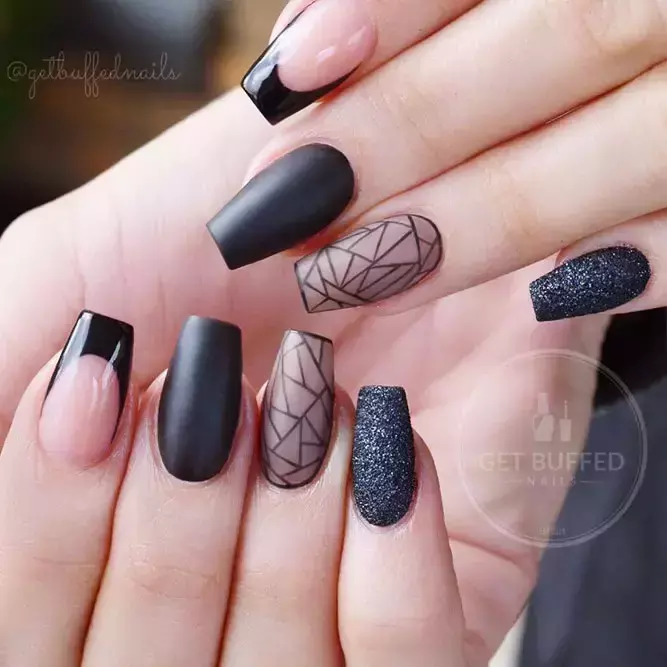 black-nails-square-shape-long-french-manicure-matte-nude-geometric-shimmer