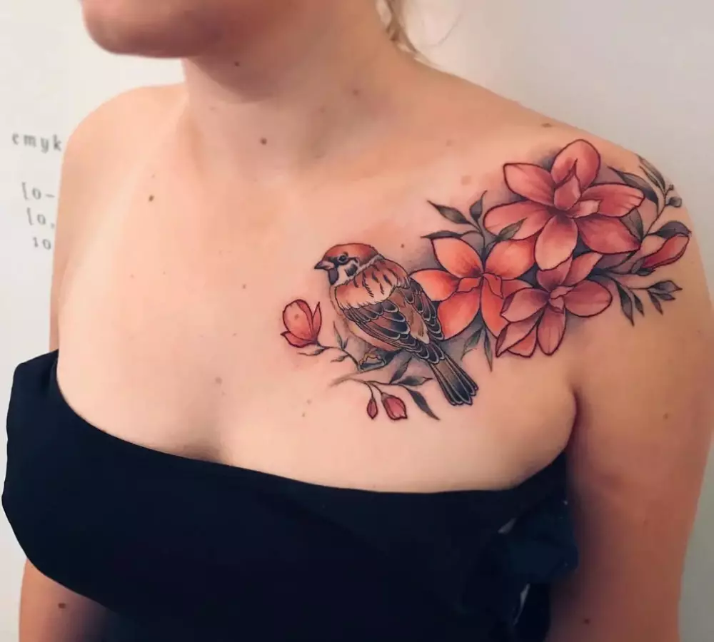 Sparrow and Flowers Tattoo