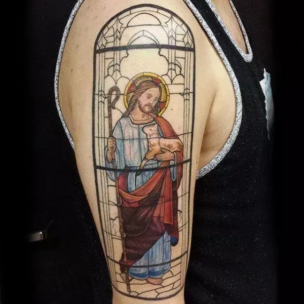 Jesus-with-a-stained-glass-window-effect-tattoo
