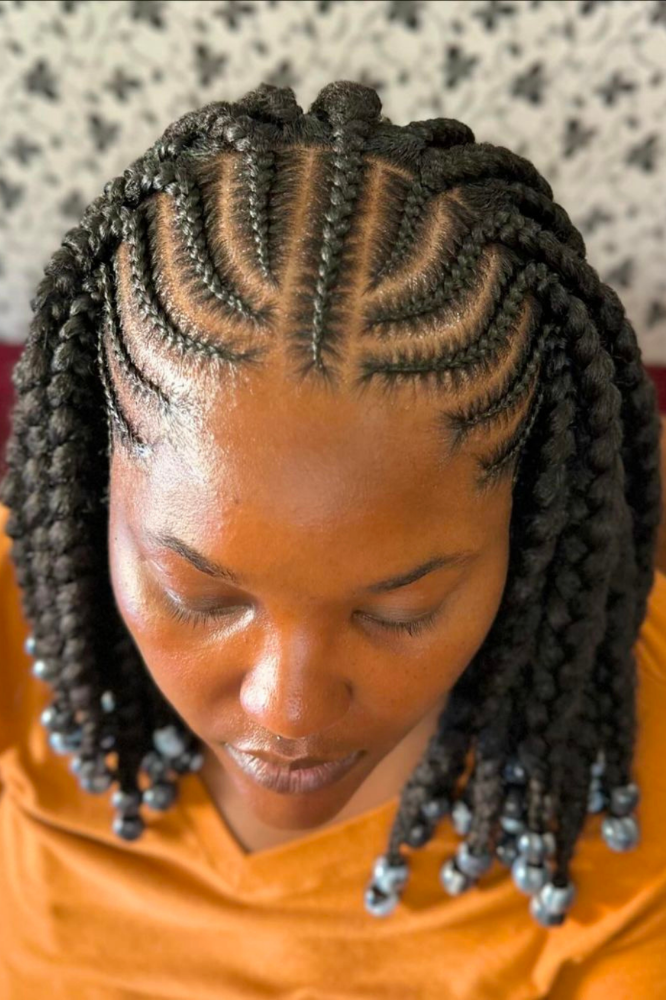 Stitched-Cornrows-With Fluffy-Braids