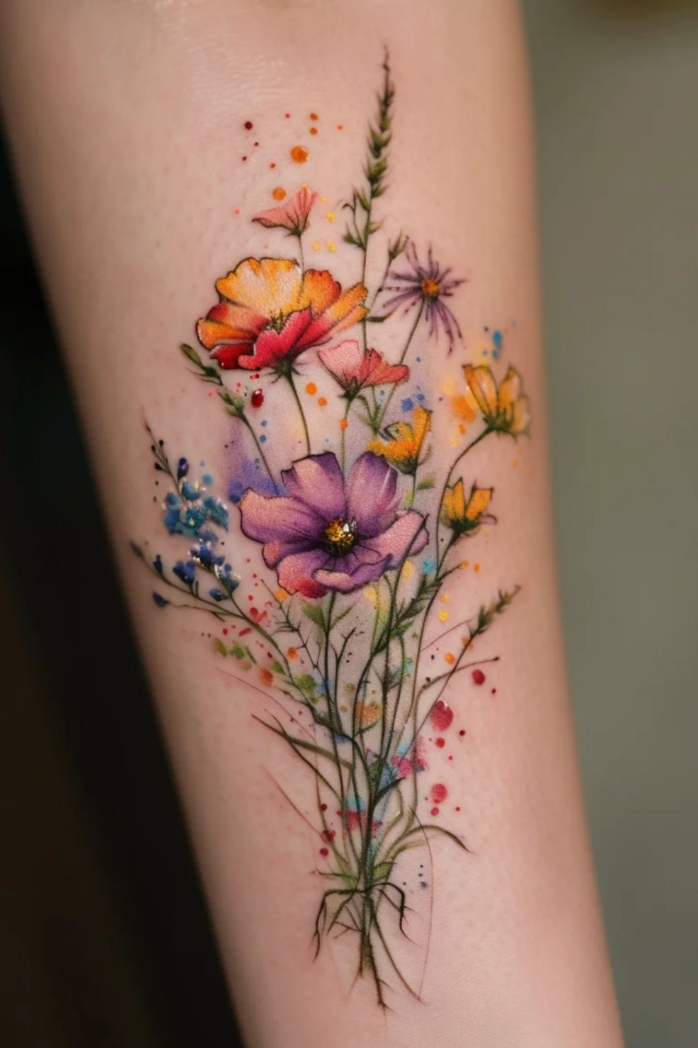 small watercolor tattoo with bouquet of flowews on the hand