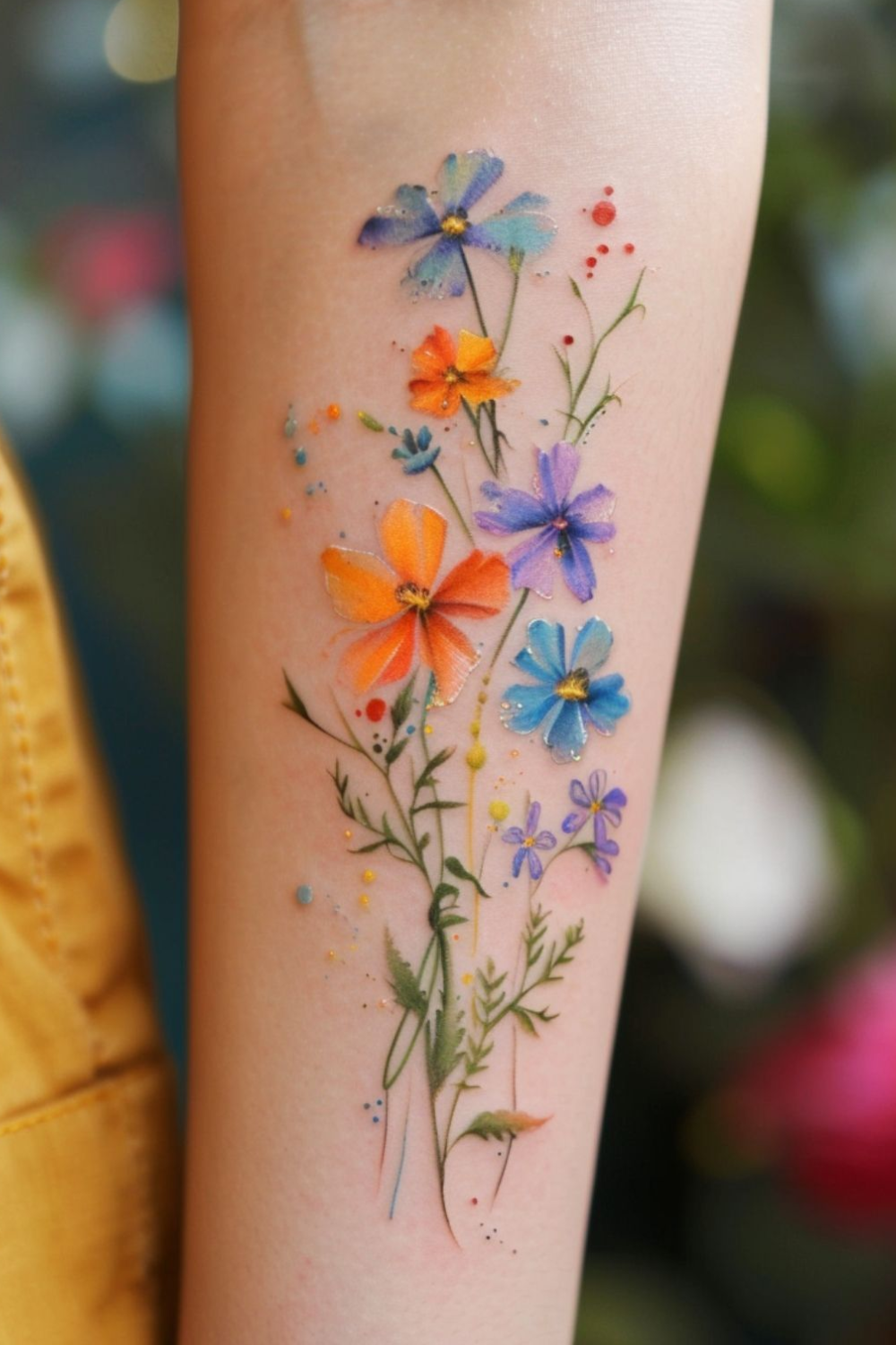 tattoo with small and bright flowers on forearm