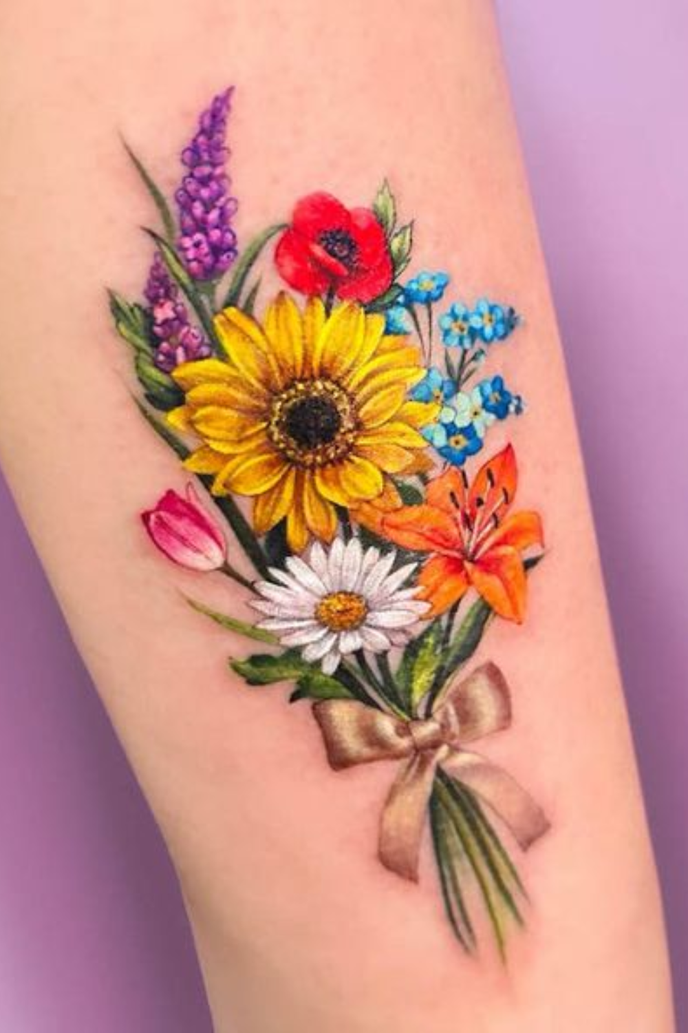 bouquet of flower tattoo with sunflower poppy and daisy