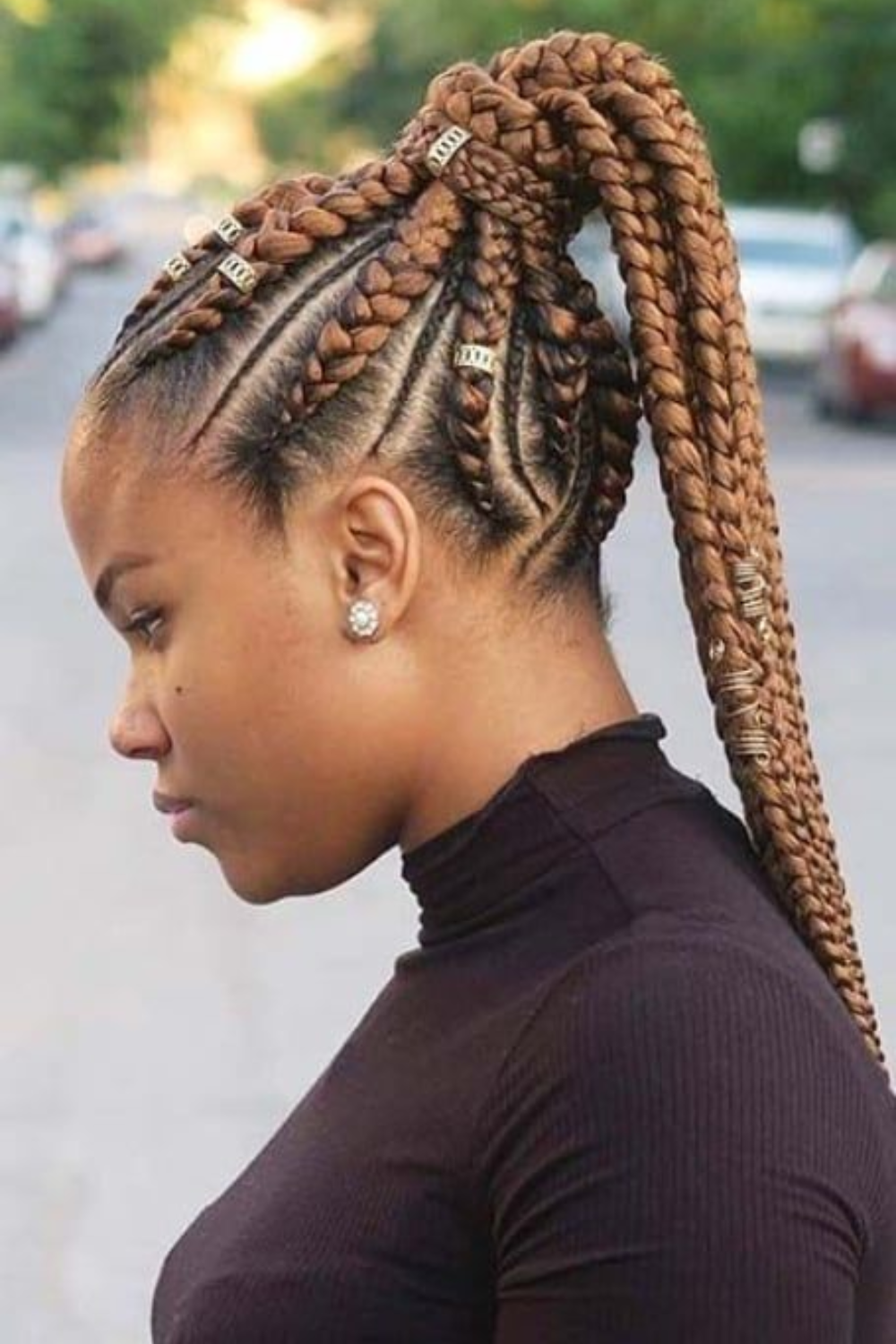 Cornrow Pony with Beads for Brown Hair