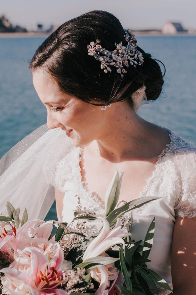 side parted floral bun