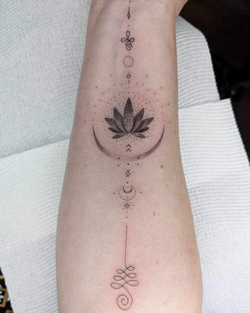 fine-line-unalome-lotus-moon-tattoo