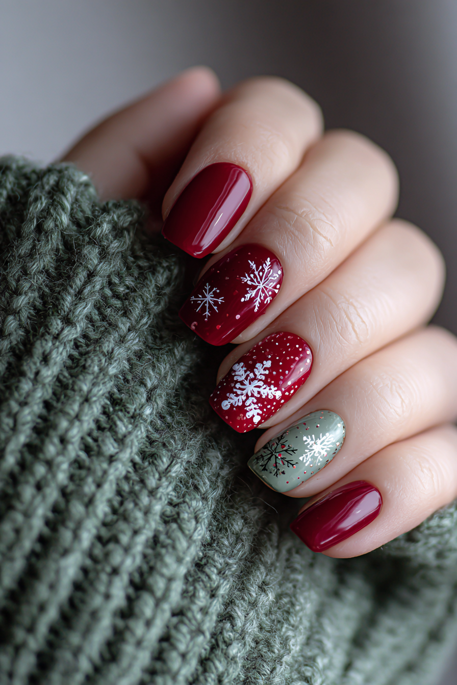 red-and-green-nails-with-snowflakes