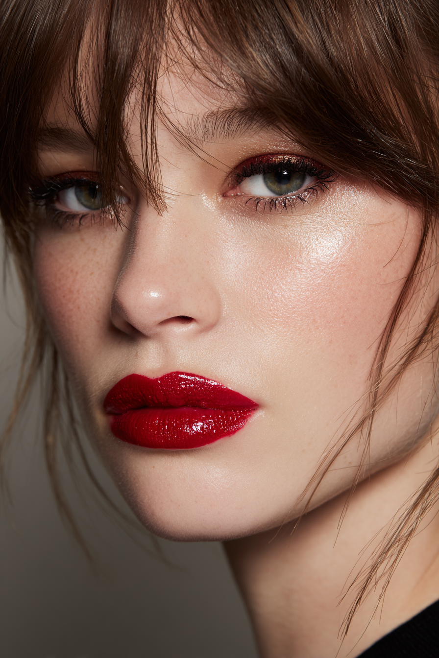 glossy-red-lips-with-bangs-and-light-eye-makeup