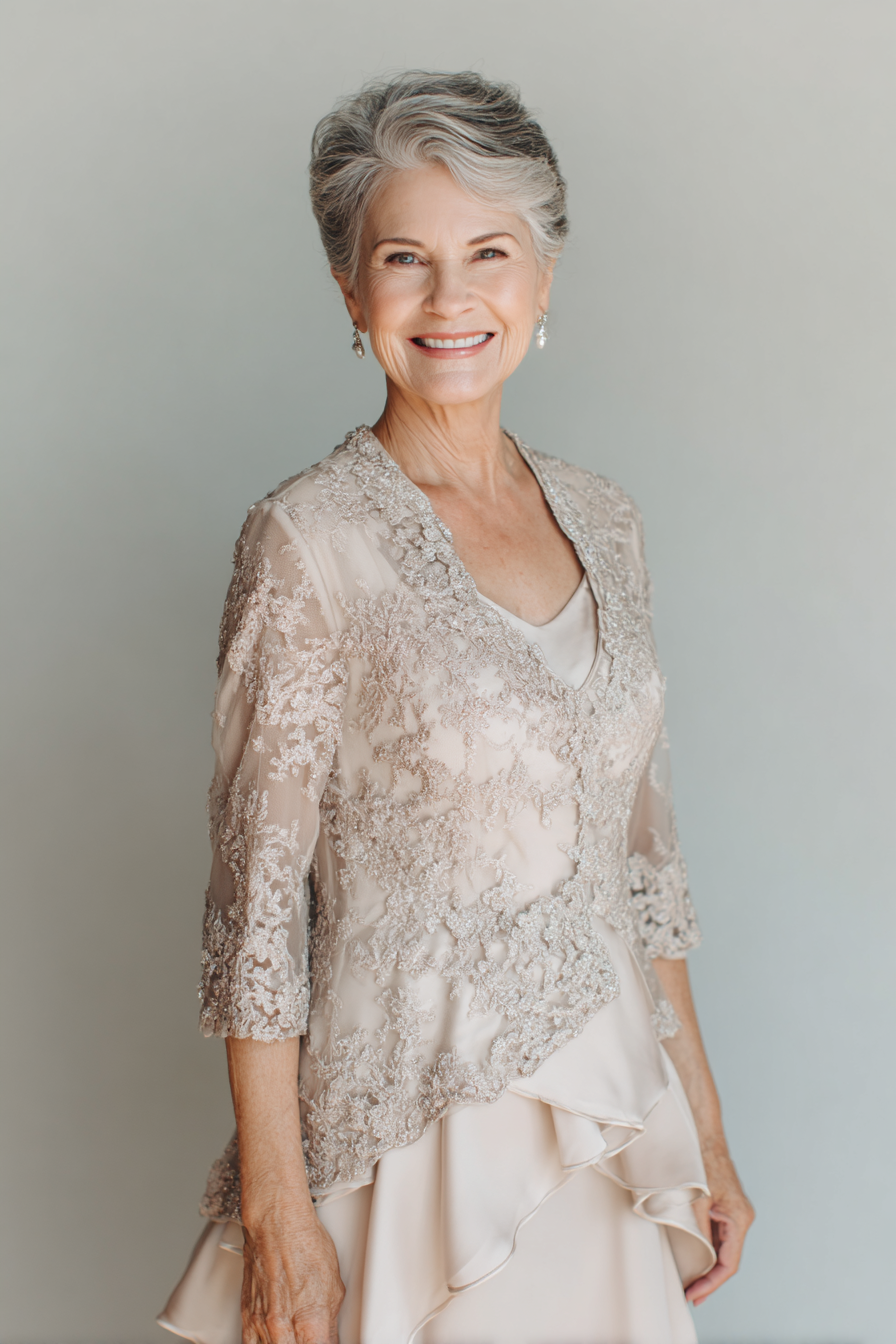 Soft Taupe Lace & Tiered Ruffles