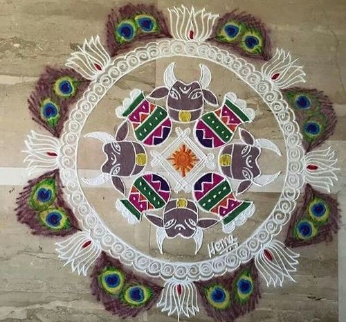 Pongal Kolam Rangoli Design With Peacock Feathers