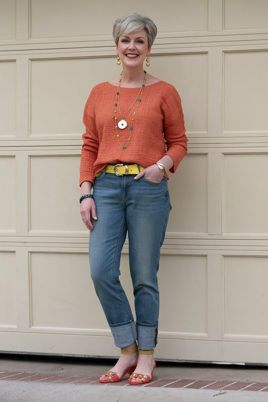 Burnt Orange Knit with Cuffed Jeans
