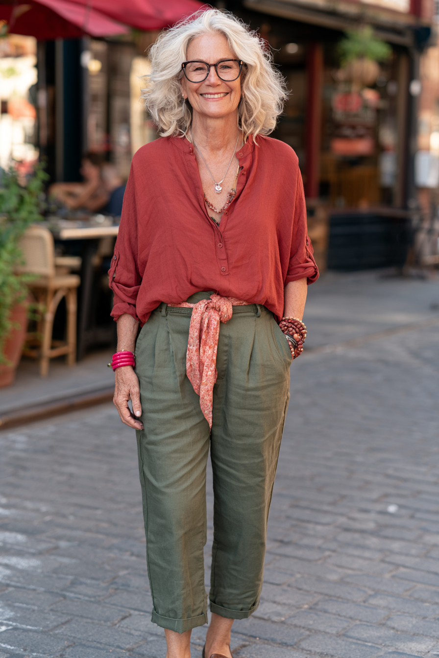 Terracotta Shirt with Olive Linen Trousers