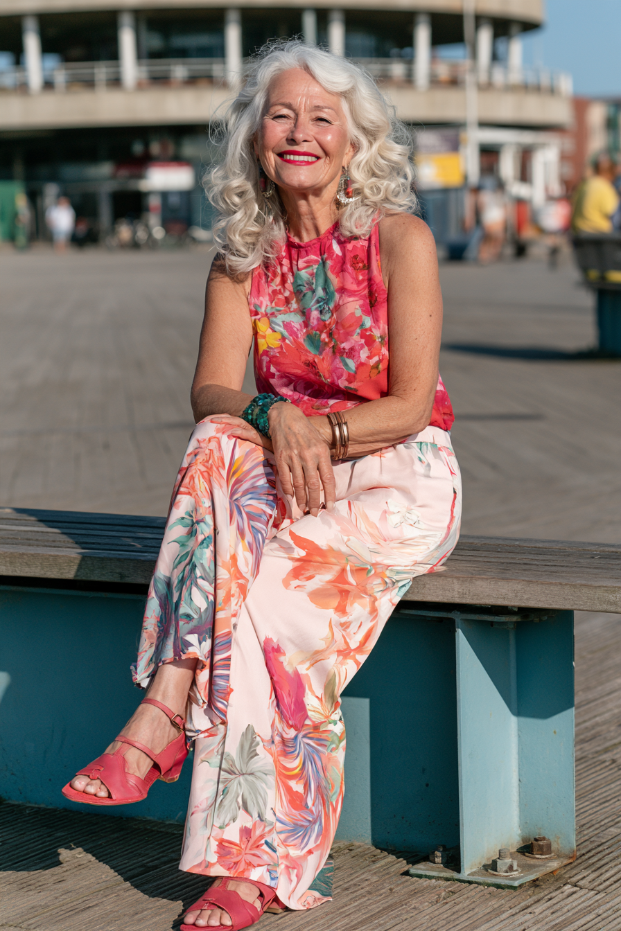 Tropical Print Top with Wide Leg Pants
