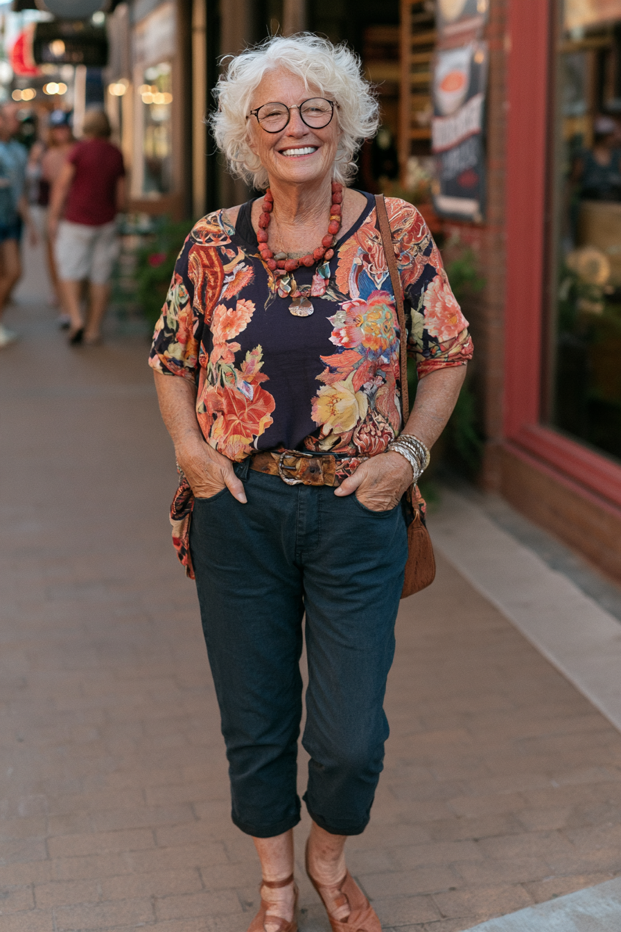 Boho Chic Floral Blouse with Cropped Pants