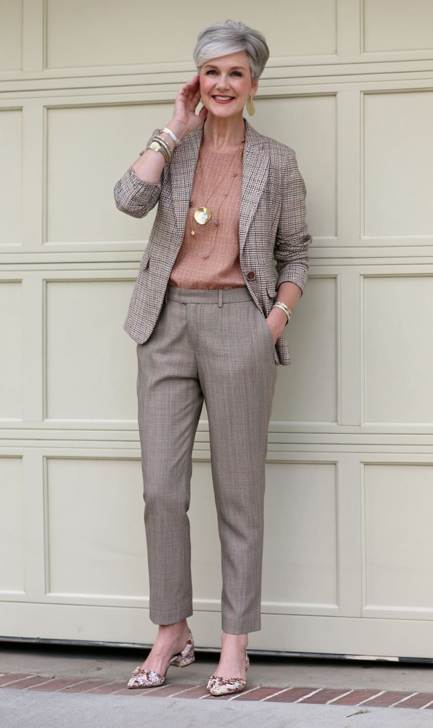Tailored Plaid Blazer with Taupe Trousers