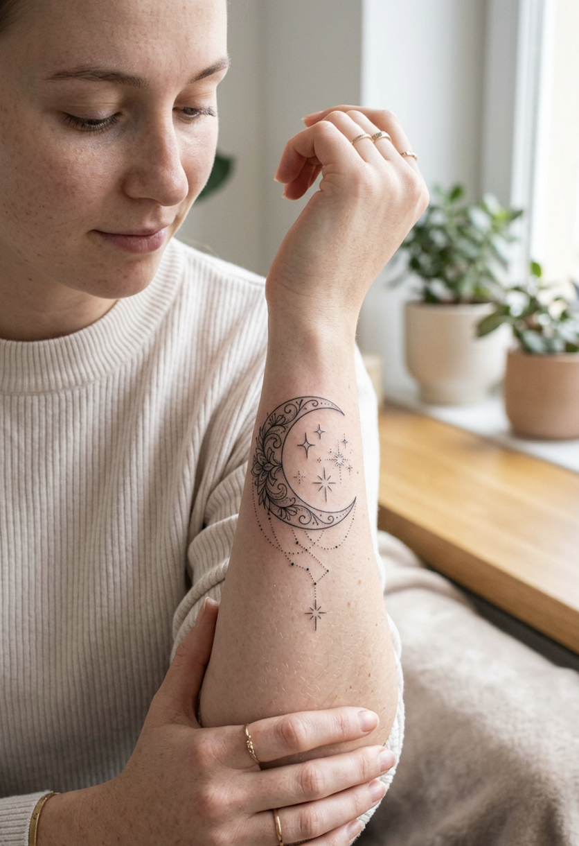 Moon and stars tattoo— intuition and feminine energy