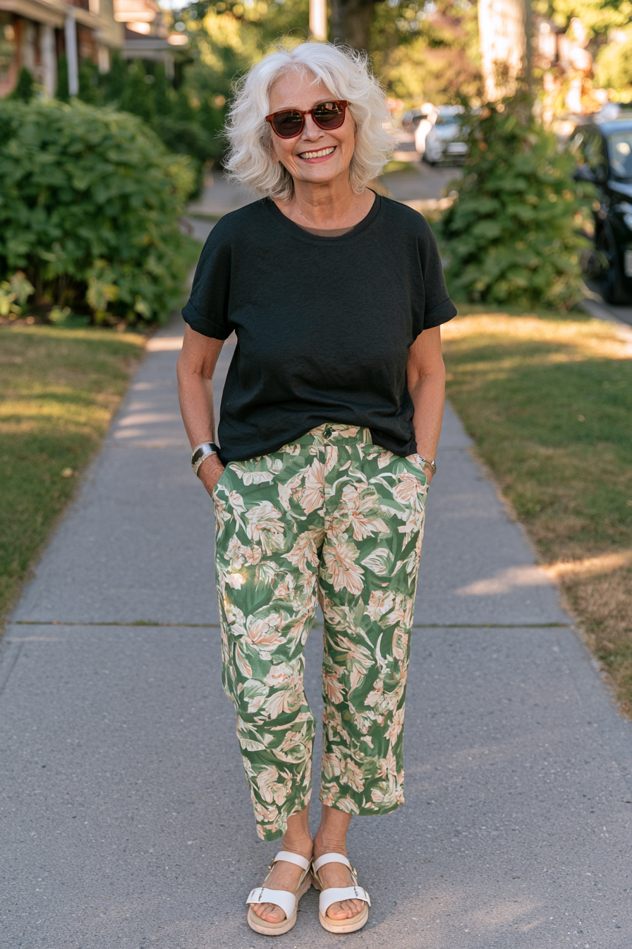 Casual Black Tee with Tropical Printed Trousers