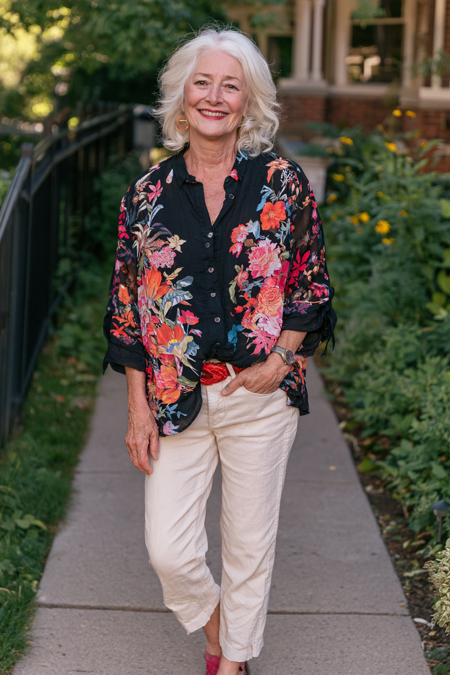 Floral Button-Down with Neutral Trousers