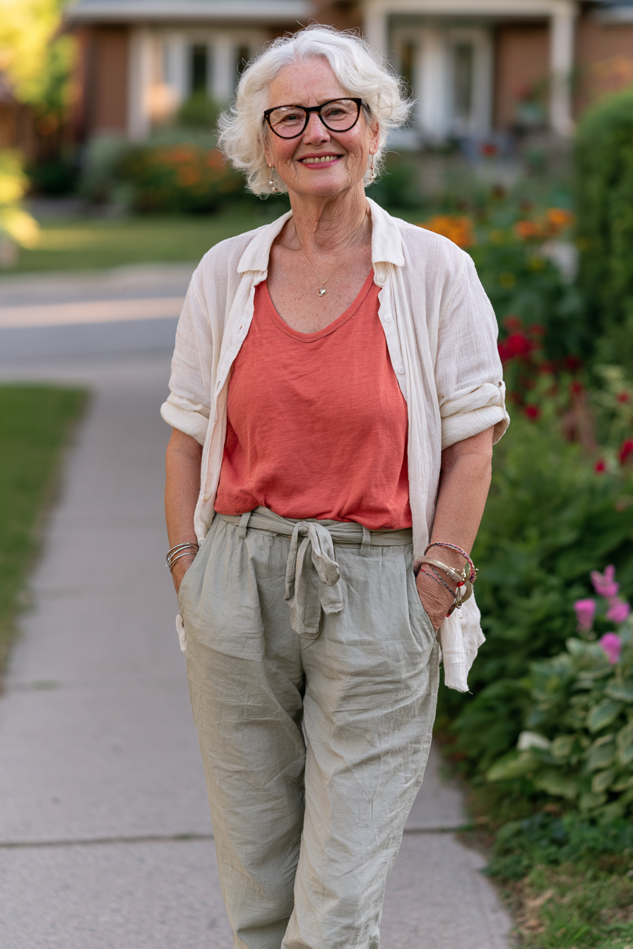 Layered Coral Tank with Linen Tie-Waist Trousers