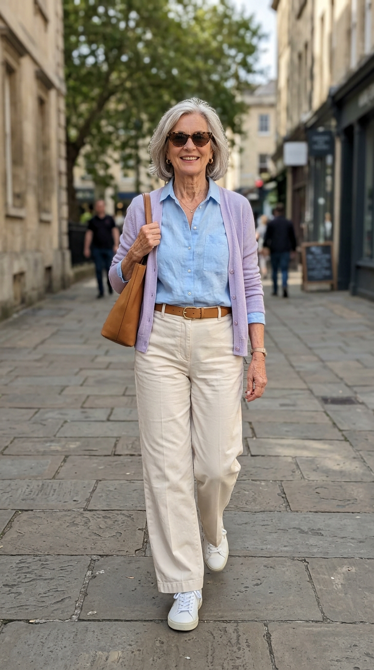 Soft Lavender Cardigan & Sky Blue Linen Shirt